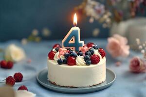 Birthday cake with candles and berries photo