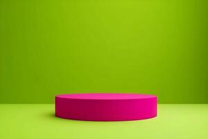 A pink round table on a green background photo