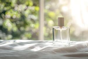 A small perfume bottle on a bed photo