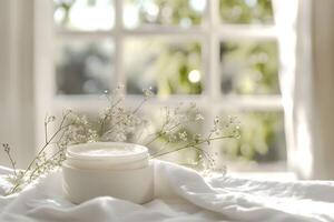 A jar of cream sits on a bed with flowers photo