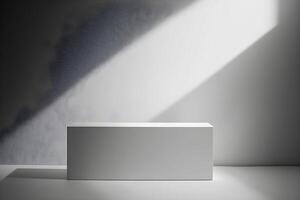 A white box sitting in front of a wall photo
