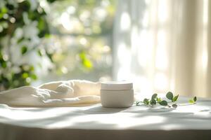 A white jar of cream sits on a table next to a plant photo