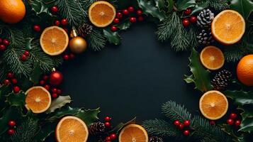 Christmas wreath with oranges, holly and pine cones on black background photo