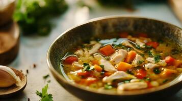 A bowl of chicken and vegetable soup with a spoon photo