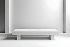 White bench in empty room with white wall photo