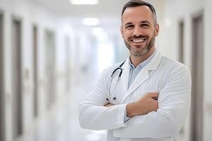 A smiling male doctor standing in a hallway photo