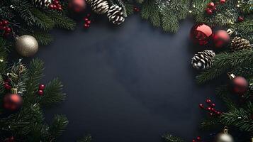 Christmas background with fir branches and red balls photo