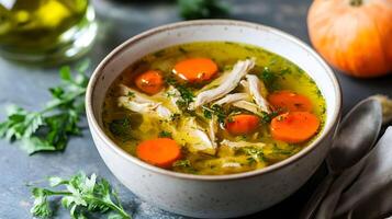 Chicken and vegetable soup in a bowl photo