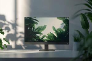 A monitor with plants on it sitting on a desk photo