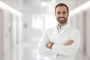 A man in a lab coat standing in an empty hallway photo