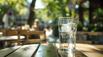 A glass of water sitting on a table outside photo