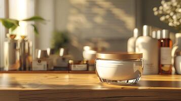 A jar of cream sitting on a table in front of a window photo