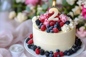 A birthday cake with berries and a candle photo