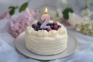 A white cake with a candle on it photo