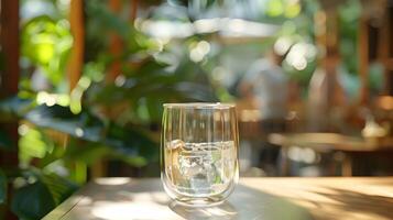 A glass of water sitting on a table photo