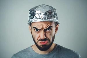 Man wearing tinfoil hat with skeptical expression photo