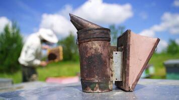 Old chimney on the apiary. Smoker on a hive on nature background under blue sky. Apiarist inspects bees. Close-up. video