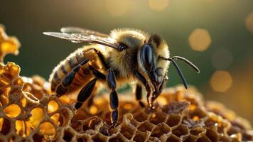 Honey bee foraging on comb in a sunlight-drenched garden during late afternoon hours photo