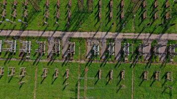 High voltage lines on green field. Power transmission lines. Industrial territory with steel pillars for electricity. Top view. Camera rising up. video