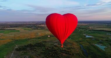 Aerostat in the hear form in the air. Red balloon fly over green meadows with lakes at sunset. Aerial view. Camera moving around. video