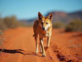 Wild dingo walking on a sandy path in the Australian outback during sunny daytime photo