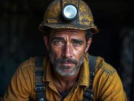 Miner showing determination and resilience in underground work environment during twilight hours photo