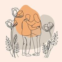 Couple hugging in the garden, line art vector