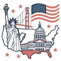 Usa map with statue of liberty and golden gate vector