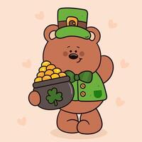 St Patricks day party with teddy bear cub and pot of coins vector