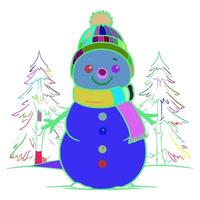 Snowman is wearing a green and purple hat with a yellow scarf around his neck. There are two snow trees behind the snowman with white snow on them. vector