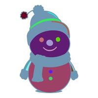 An snowman is wearing a blue hat with a green stripe on it. He has a purple smile on his face. He is holding a red ball in his hands. There are three green dots on the bottom of the ball. vector