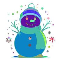 Snowman is wearing a blue and green hat with a pom-pom on the top of it. He has a blue coat with a green scarf around his neck. There are snowflakes falling from the sky around him. vector