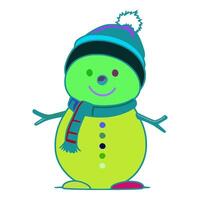 An snowman is wearing a blue and purple hat with a pom pom on the tip. He has a blue scarf around his neck with a red and blue stripe. He also has a smile on his face. vector