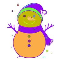 The snowman has a green face and a blue scarf around it's neck. There are three black dots on the snowman's face. The background is white. vector