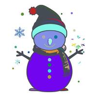 The snowman is wearing a green hat with a red flower on the tip. He has a blue face with a smile on his face. He is also wearing a scarf around his neck. vector