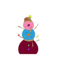 The background is white. The snowman is wearing a hat. The hat is brown with a yellow pom-pom on it. The bottom of the hat is purple. There is a blue circle around the middle of the snowman's head. vector