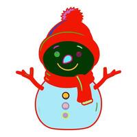 The snowman has a smile on his face. He is wearing a red hat and a red scarf. He has his hands out to the sides of his body. He also has a round button in the middle of his snowman's body. vector