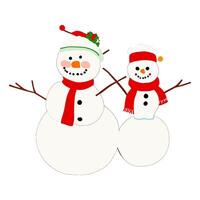 Two snowmen are standing next to each other. Both of the snowmen have red scarves on their necks. The snowman on the left has a green and red hat on his head. vector