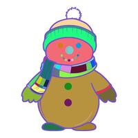 A snowman is wearing a green hat with a pom-pom on the top. He has a green and blue scarf around his neck. He also has a brown jacket with a red stripe on the sleeve. vector