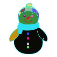 Snowman has a green face with pink eyes and a pink nose. He has a blue scarf around his neck. He is wearing a black dress with three buttons on it. The buttons are purple and green. vector