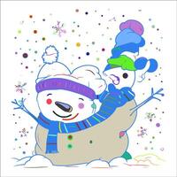 The snowman is wearing a hat and scarf. The hat is multicolored. There are three circular circles on the snowman's head. The scarf is green and brown. vector
