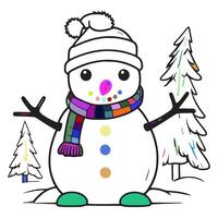 A cartoon snowman is standing in front of two christmas trees. The snowman has a striped scarf around his neck and a hat on his head. vector