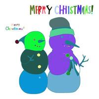 Two snowmen are standing next to each other. One of the snowmen is green and the other is purple. Both snowmen have green hats on their heads. There is a caption above them that says Merry Christmas. vector