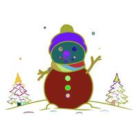 A drawing of a snowman. The snowman is wearing a blue hat. There are two small trees next to the snow man. The trees are decorated with white and green leaves. vector