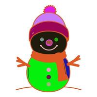 An snowman has a big smile on his face. He is wearing a purple hat with a pink pom-pom on the top. He has an orange scarf around his neck. He also has a green bottom with three dots on it. vector