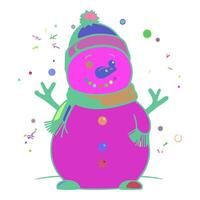 A cartoon image of a snowman. The snowman is wearing a green scarf and a purple hat. There are bubbles floating around the snowman in the air. vector