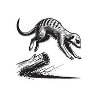 A black and white drawing of a meerkat jumping over a log vector