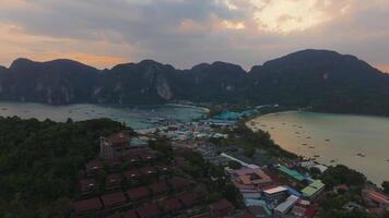 Aerial View of Phi Phi Island's Bays, Cliffs, and Sunset in Thailand video