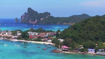 Aerial View of Phi Phi Island Harbor with Boats and Turquoise Waters video