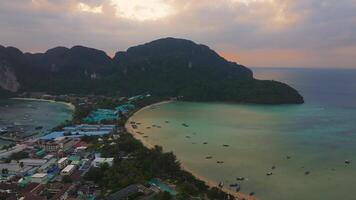 Aerial View of Phi Phi Island at Sunset with Boats and Limestone Cliffs video